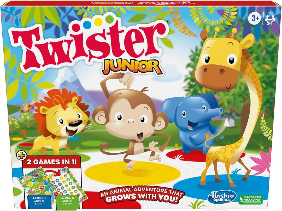 Hasbro Gaming Twister Junior Game, Animal Adventure 2-Sided Mat, 2 Games in 1, Party Game for Kids Ages 3 and Up and 2-4 Players 