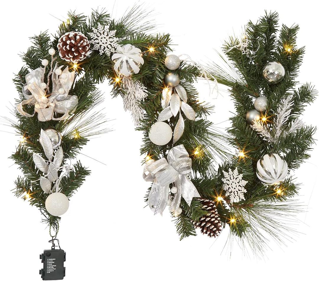Adeeing Christmas Garland with Lights, 6 ft Pre-lit Silver White Christmas Garland with Ball Ornaments Pine Cones Berries Battery Operated Lights for Indoor Outdoor Fireplace Staircase Decoration