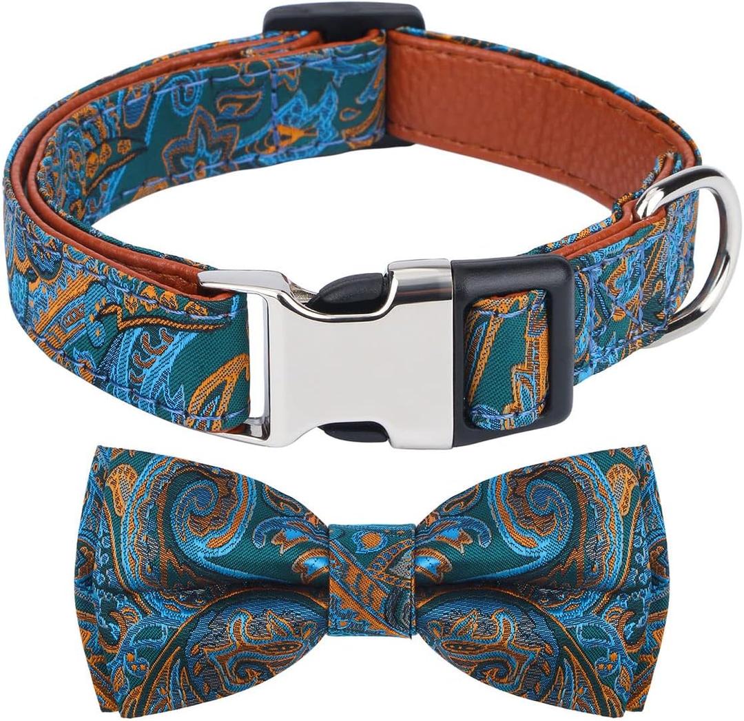 Rhea Rose Dog Collar with Bow Tie for Girl or Boy Gift Soft Durable Bowtie Paisley Small (S (9.5"-15"), B1_Blue Paisley)
