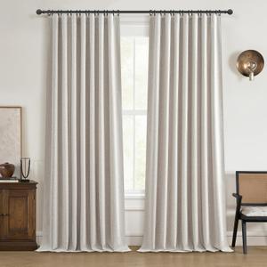 Black Out 96 Inch Long Boho Curtains 2 Panel Set, Farmhouse Curtains for Living Room Darkening/Thermal/Noise Reduction Textured Flax Linen Drape 8ft Hook&Ring Included Birch Off White 50"x96"