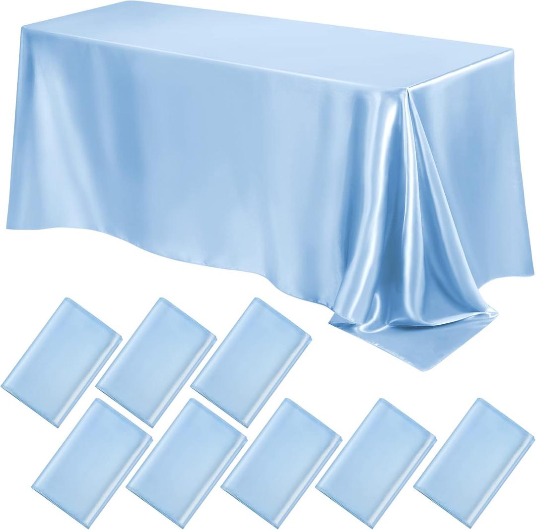 Lounsweer 8 Packs Satin Tablecloth 102 x 58 Inches Rectangle Table Cover Silk Smooth Fabric Party Table Cloth for Rectangle Parties, Holiday Dinner Wedding Banquet Decoration (Sky Blue)