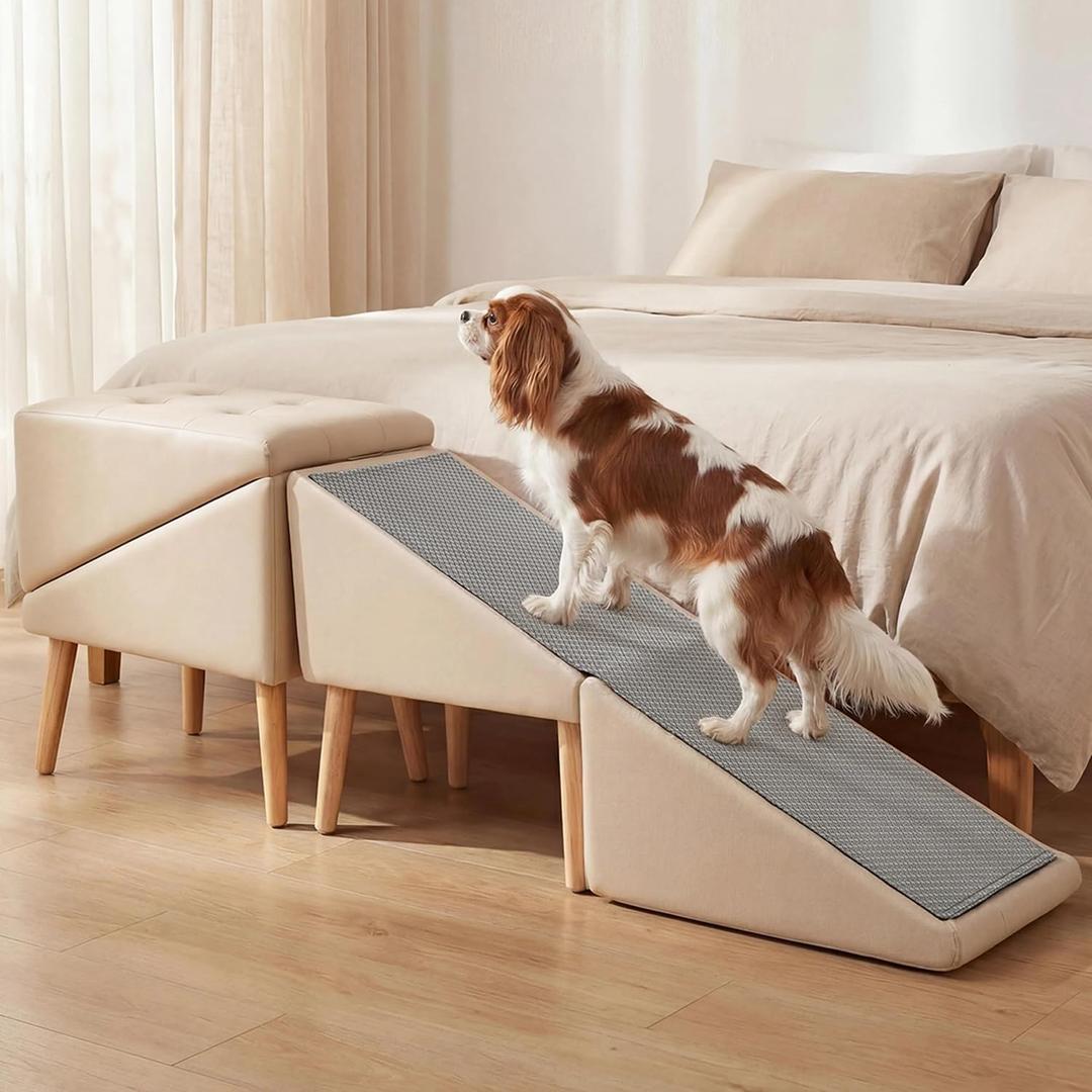 Dog Ramp for Bed, Wooden 23.62'' H Dog Stairs for Small/Medium-Sized Dogs and All Cats, Washable Non-Slip Silicone Surface pet Ramp, Foldable 2-in-1 Split Ottoman Design