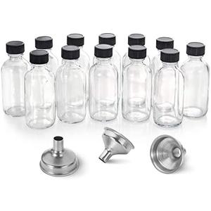 AOZITA 12 Pack, 2 oz Small Clear Glass Bottles w/Lid & 3 Funnels - 60ml Boston Shot Bottles for Health, Immunity, Potion, Wellness, Sample, Ginger, Juice - Mini Personal Care & Beauty Travel Bottle