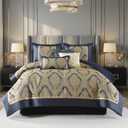 Bedduvit Luxury 7 Piece King Comforter Set - Vintage Damask Jacquard Design Bed in Bag King, All Season Navy Blue and Gold Down Alternative Thick Bedding Set with Bed Skirt, Decorative Pillows, Shams