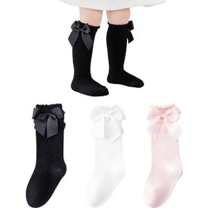 Baby Knee High Socks Toddler Cotton Long Socks,Stockings with Bow Ruffle Tube Sock, 4-6yo
