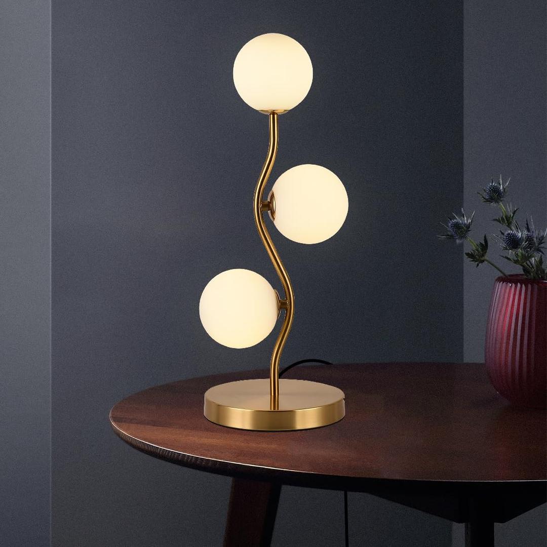 Mid Century Gold Globe Table Lamp 3-Light Flower Curve Beside Desk Table Light with Milk White Glass Shade Metal Base Nightstand Lamp for Bedroom Bedside