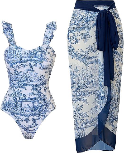 YUNAR Women Retro Deep Plunging One Piece Monokini Swimwear with Sarong Cover Up 2 pcs Set, Medium
