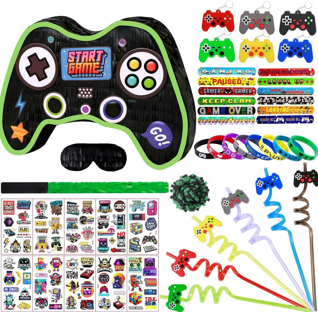 Video Game Pinata Set for Boy Kids Gamer Party with Controller Pinata, Straws, Bracelets, Stickers, Keychain, Confetti Tools for Party Decoration (Black)