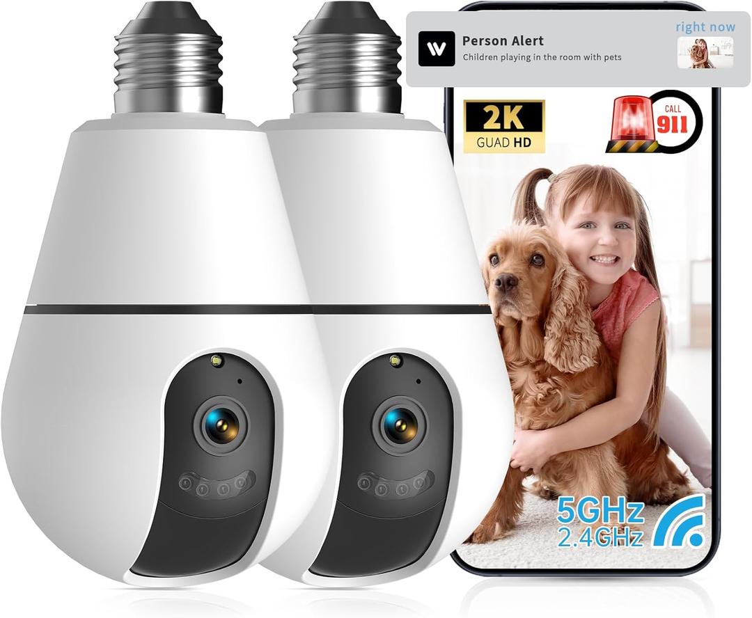 Light Bulb Security Camera,2.4G/5GHz WiFi 2K Security Cameras Wireless Outdoor Indoor,Bulb Cameras for Home Security,AI Smart Detection,911Emergency,US Based Cloud,2 Way Talk,Color Night Vision 2Pack