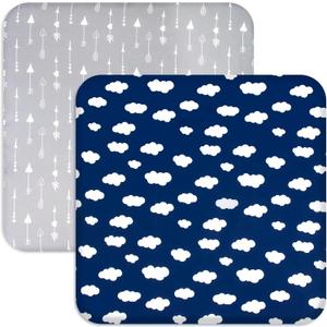 Square Playard/Playpen Fitted Sheets, Perfect for New Room2 / TotBloc Portable Playard, 2 Pack, Ultra Soft Microfiber, Fitted Playpen Sheet, Navy Cloud and Grey Arrow