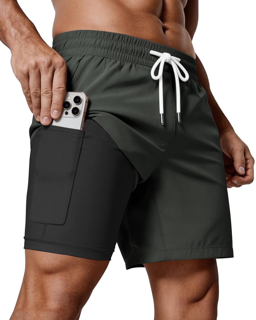 Ntrlv Men's 2 in 1 Running Shorts 5" Lightweight Quick Dry Athletic Workout Shorts with Liner and Pockets, Darkgray-XXL