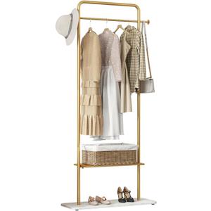 Gold Clothing Rack with Shelves, Coat Racks Freestanding with Marble Base, Clothing Rack for Hanging Clothes, Gold Garment Rack for Boutiques, Bedroom (2 tier, 31.5")