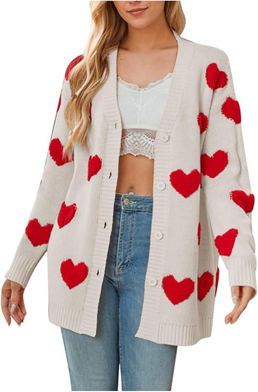 Heart Sweater for Women Valentines Cardigan Valentine Day Sweaters Womens Cute Plus Size Valentine's Dress Pink, Size L