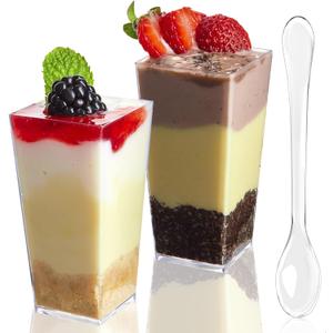 TOFLEN 100 Pack 3 oz Square Mini Dessert Cups with Spoons Clear Plastic Dessert Shooter Cups for for Party, Yogurt, Parfait, Cheesecake, Pudding, Jello and Appetizers