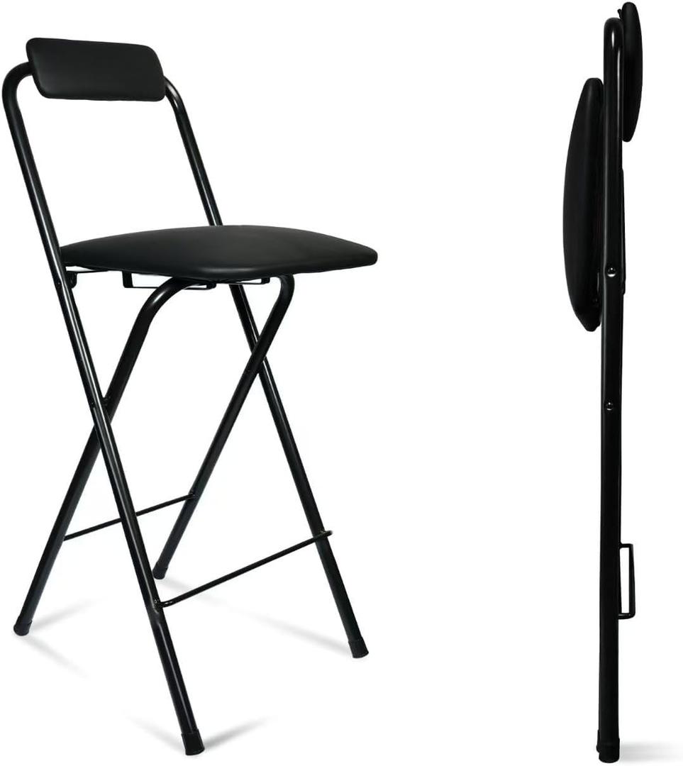 Folding Bar Stool with Back, Tall Foldable Stool Chair Portable Adult Collapsible Stools Counter Height Seat Leather Padded Kitchen Shop Cafe (25.5 inch)