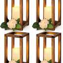 8 Pcs Wooden Wedding Lantern Centerpiece for Table Decoration Includes 4 Farmhouse Candle Holder and 4 Flameless Decorative LED Candles for Rustic Home Wedding Decor(Dark Brown)