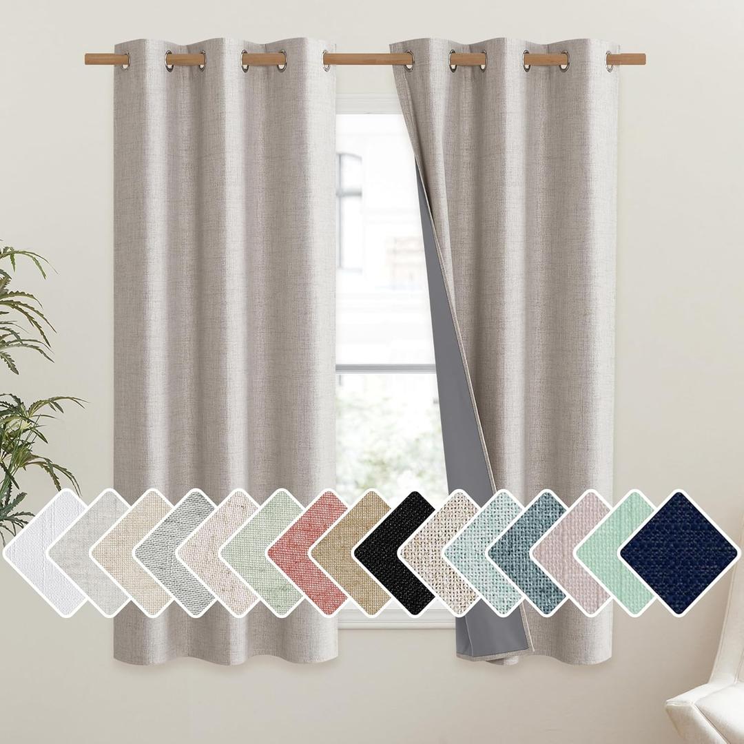 NICETOWN Brich Vintage Open Linen Weave Flax Thermal Curtains, 100% Blackout Curtains 63" Long for Dining Room, Soundproof Window Treatment Drapes for Gym Room, 42" Wide Per Panel, Set of 2