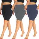 MOREFEEL 3 Pack Plus Size 8" Biker Shorts with Pockets for Women-High Waist Non-See Through Workout Black Yoga Short (XX-Large, Black/Grey/Navy Blue)