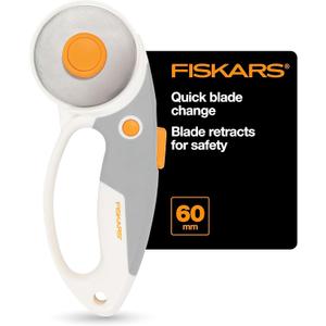 Fiskars 60mm Rotary Cutter for Fabric with Ergonomic Loop Grip And Comfort Handle, Titanium Rotary Fabric Cutter for Thick Materials, Easy and Safe Blade Change, Sewing Supplies and Quilting Tools