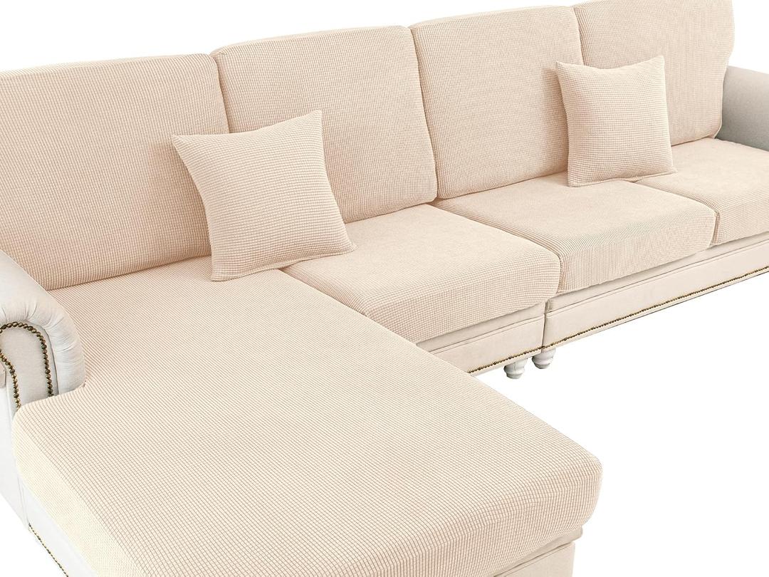 LA MEACK Couch Cushion Covers for Sectional Sofa L Shape Washable Separate Seat Chaise Couch Cover Stretch Sofa Slipcovers with 2 Pcs Pillowcases(2 Seater + 1 Chaise, Natural)