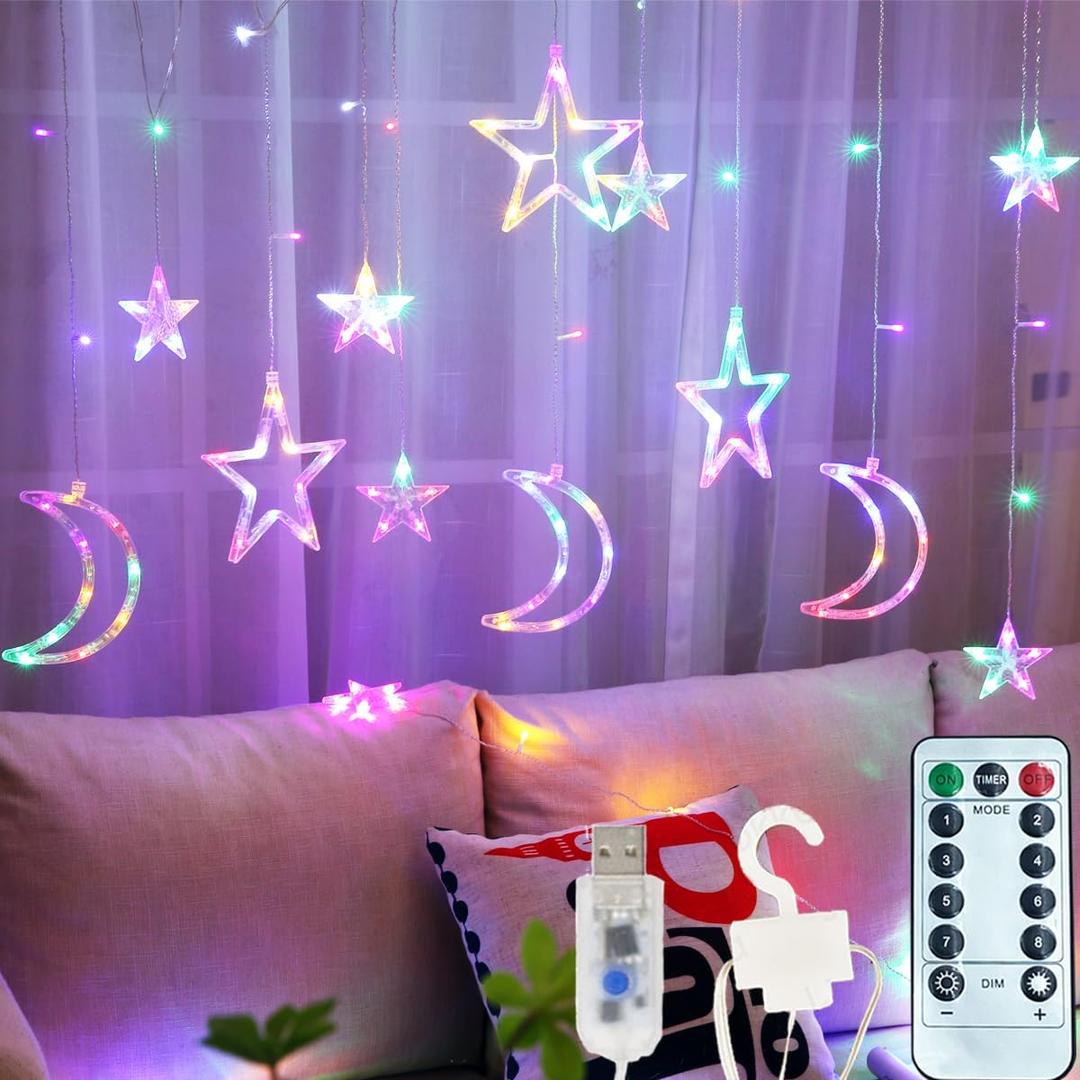 138 Led Curtain String Light Star Moon Icicle Light with 8 Lighting Modes with Timer Remote USB Operated Dimmable Fairy String for Window Wall Home Decoration (Multicolor)
