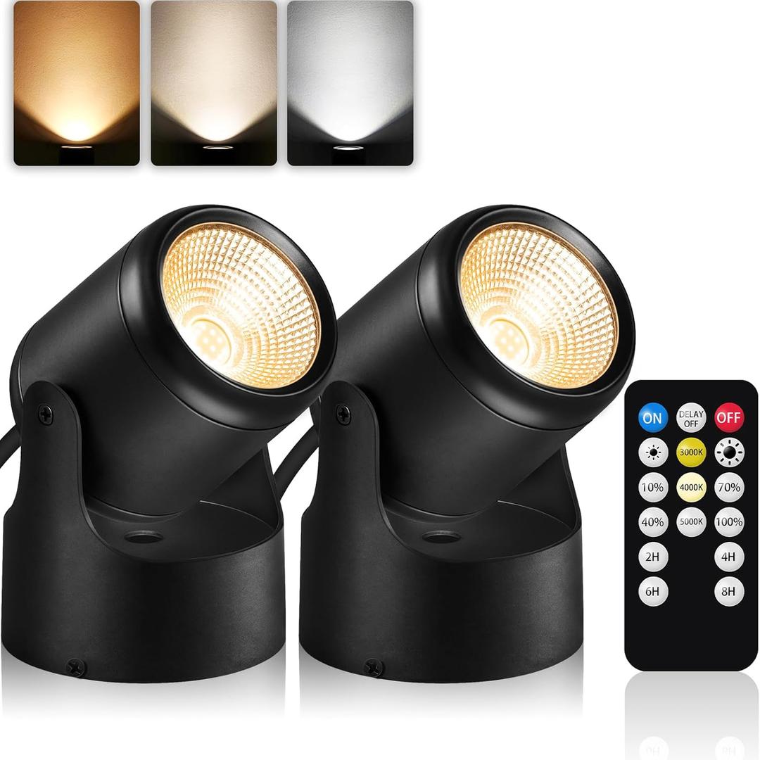 3000K/4000K/5000K Uplighting 3W LED Spotlight Indoor Plug-in with Memory Function Floor Spot Lights with Remote Control Dimmable Uplights Indoor for Plant/Picture/Artwork, 2 Pack (Black)