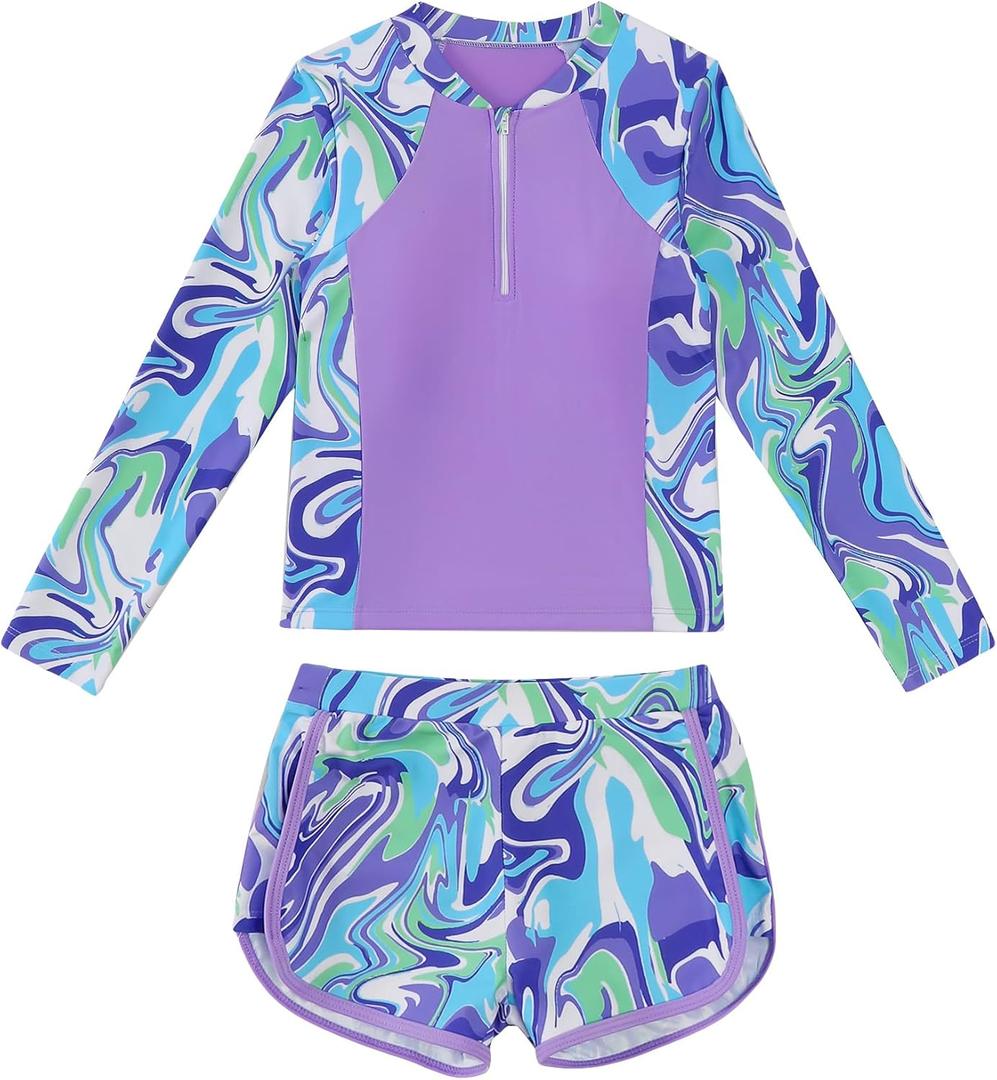 Mioglrie Girls Swimsuit Teen Bathing Suits Long Sleeve Girls' Swimwear Zipper Kids 2 Piece Tankini Swim Suit for Girl