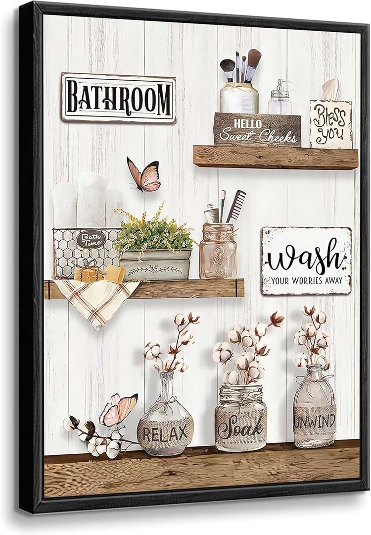 Framed Farmhouse Bathroom Wall Art Rustic Cotton Flower Bathroom Pictures Wall Decor Vintage Relax Soak Unwind Sign Painting Country Flower Bath Canvas Prints For Washroom Home Painting 24x16 Inch