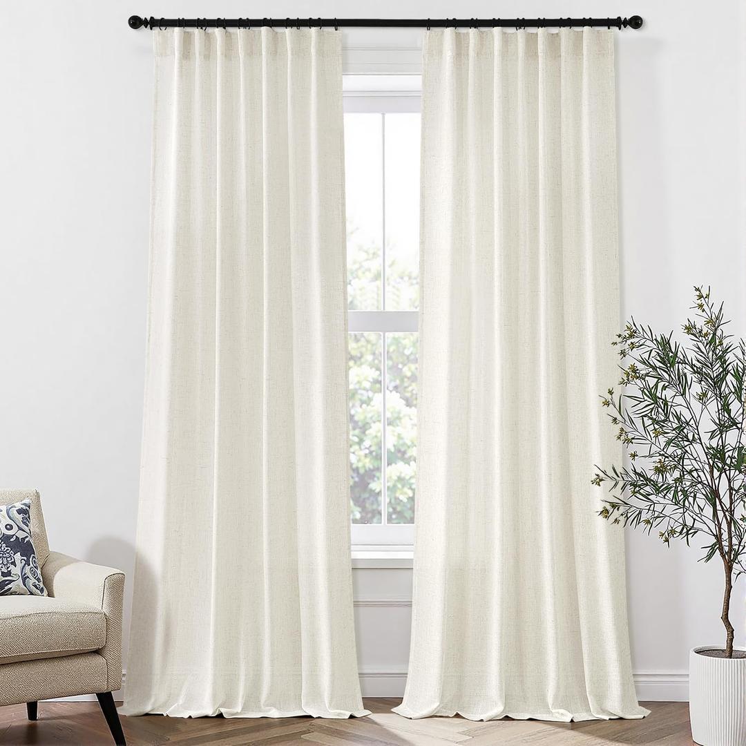 MIULEE 96 Inches Long Natural Linen Curtains 2 Panels, Pinch Pleated Hooks Thick Linen Textured Window Drapes for Bedroom Living Room Back Tab Semi Sheer Light Filtering Neutral Farmhouse Cream Ivory (50"W x 96"L (Pack of 2), Birch)
