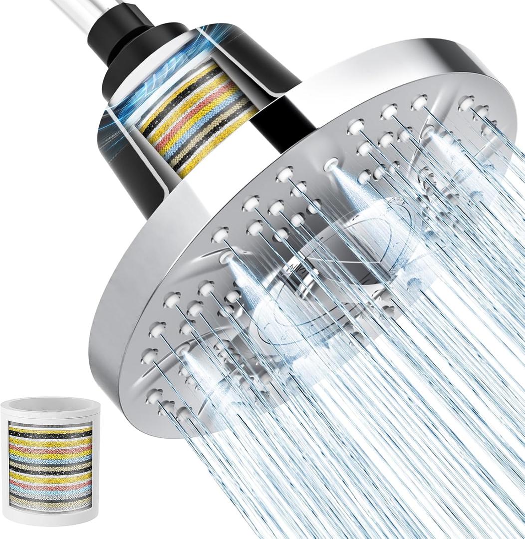 High Pressure Filtered Shower Head, Quickly Adjustable Replacement Filter Element for Hard Water, 7-Inch Rain Shower Head with 20-Stage Filter, Removes Chlorine, Fluoride & Metals (Chrome)