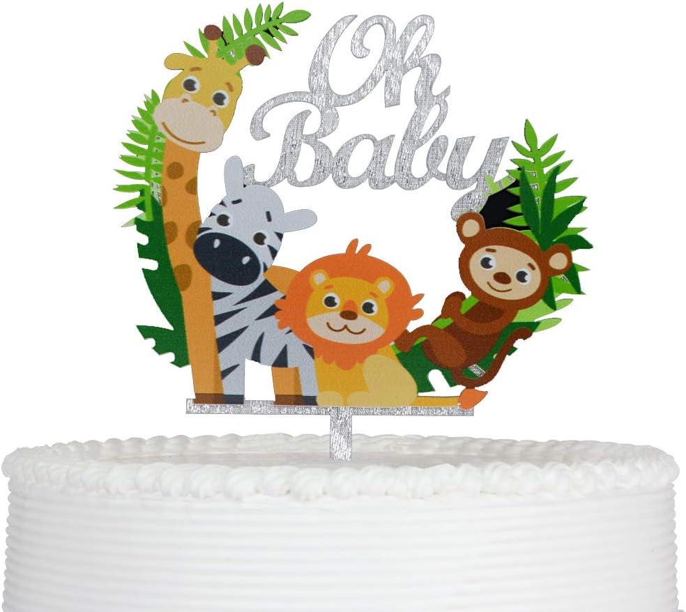 Baby Shower Cake Topper Woodland Animals Decorations Reusable Acrylic for Baby Shower Child Birthday Party Supplies Silver Glittery