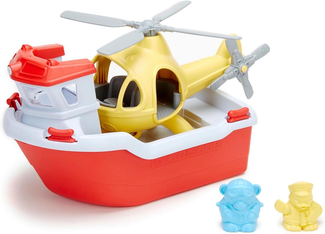 Green Toys Rescue Boat with Helicopter Red, 1 EA