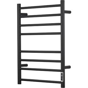 Electric Heated Towel Warmer with Timer & Temperature Control- Wall Mounted Bathroom Towel Rack, Plug-in Design & Brushed Stainless Steel Finish (Black with Timer, 8 Bar)