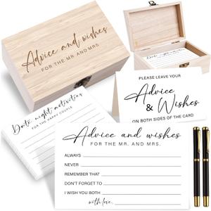 Jectivs 85 Pcs Advice and Wishes Cards Wooden Box Set for The Mr and Mrs, White Advice and Wishes Cards with Black Pen for the Bride and Groom, Bridal Shower, Wedding Party Game Decorations Supplies