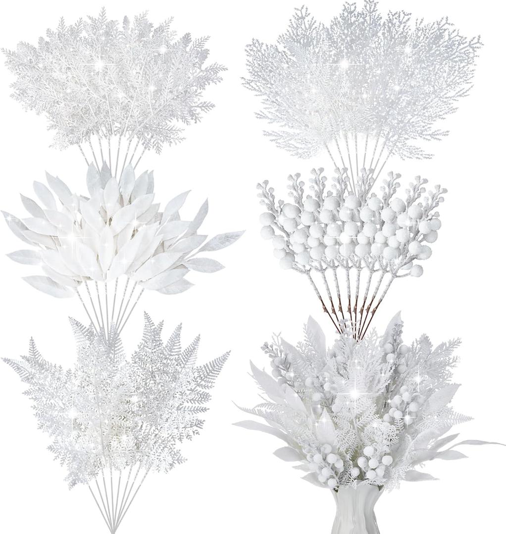 Moucuny 75 Pcs Christmas Glitter Picks Artificial Christmas Tree Picks and Sprays for Tree 5 Styles Berries Stems Cedar Bay Leaves Fern Pine Branches for Vase Fillers Wreath Garland(White)