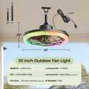20" Outdoor Ceiling Fans with Light for Patios, 16.4ft Waterproof Plug in Ceiling Fan, 6 Speeds Reversible Hanging Fan, 2 Downrods,with Bluetooth Speaker & RGB for Patio, Porch, Pergola