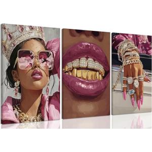 Framed Pink Black Girl Wall Art Set of 3 Luxury Bling African American Woman Canvas Prints with Crown Grillz Jewelry Fashion Hip Hop Glam Room Decor for Girls Bedroom Living Room Bathroom 12x16in