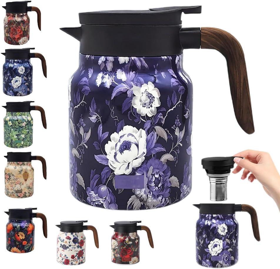Vintage Floral Pattern Tea Pots Built-in Infuser, Vintage Floral Teapot with Built In Infuser Stainless Steel Thermal Carafe with Lid for Hot Drinks, Blue(Wooden handle,35oz)