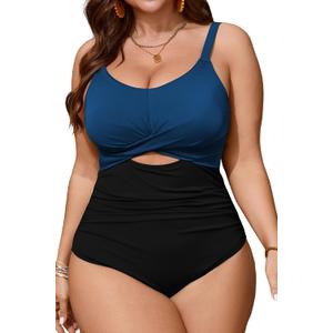 CICIDUDU Women's Plus Size One Piece Swimsuit with Ruching Tummy Control Bathing Suit Cutout Twist Front Swimwear (Black, XXL)