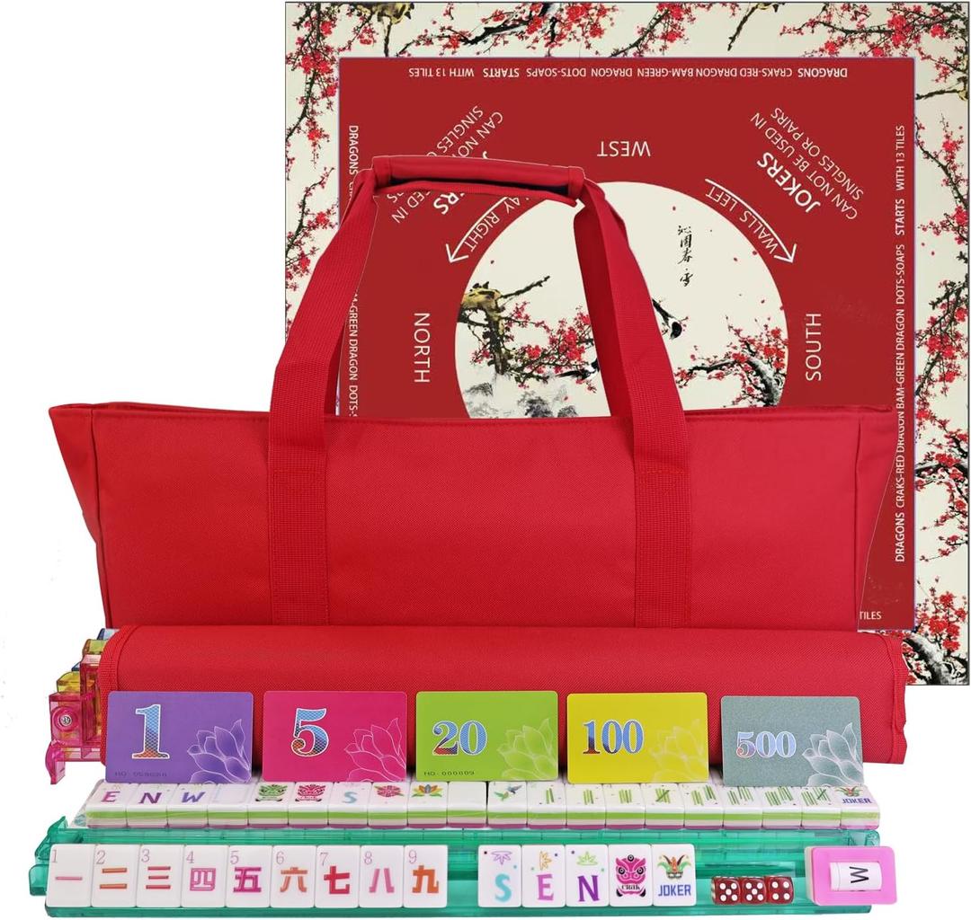 American Mahjong Game Set, Portable Carrying Bag,Acrylic 160 Tiles,Western Mahjong Tiles Set,Complete Ma Jong Set (Red)