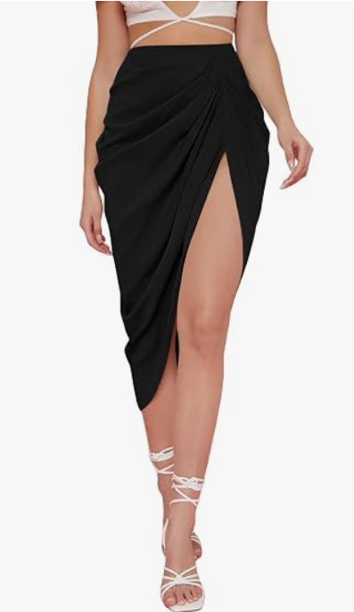 WDIRARA Women's Skirts Split Thigh Front Satin Skirt High Waist Ruched Zip Back WrapMidi Skirt, XXL
