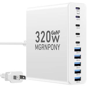 320W USB C Charger Block, 10-Port USB C Charging Station GaN III PD 65W Laptop Fast Charger Adapter for MacBook Pro/Air, DELL, iPad, iPhone, Samsung Galaxy White