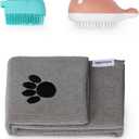 Amazon Basics Dog Bath Brush with Shampoo Dispenser and Fast Dry Towel, Blue and Orange, 3-Pack