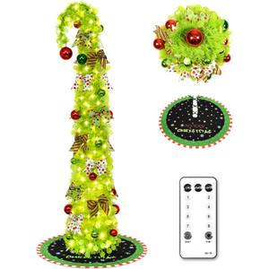 NatuBeau 6FT Lime Green Pop Up Christmas Tree with 150 LED Lights & Skirt, Collpsible Bendable Whimsical Christmas Tree with Ball Ornaments Bows for Indoor Outdoor Home Decor