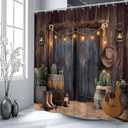 Western Cowboy Shower Curtain Farmhouse Barn Door Tropical Cactus Country Boots Lantern Guitar Retro Rustic Wooden Board Bathroom Decor Polyester Curtains with Hooks,70Wx70L