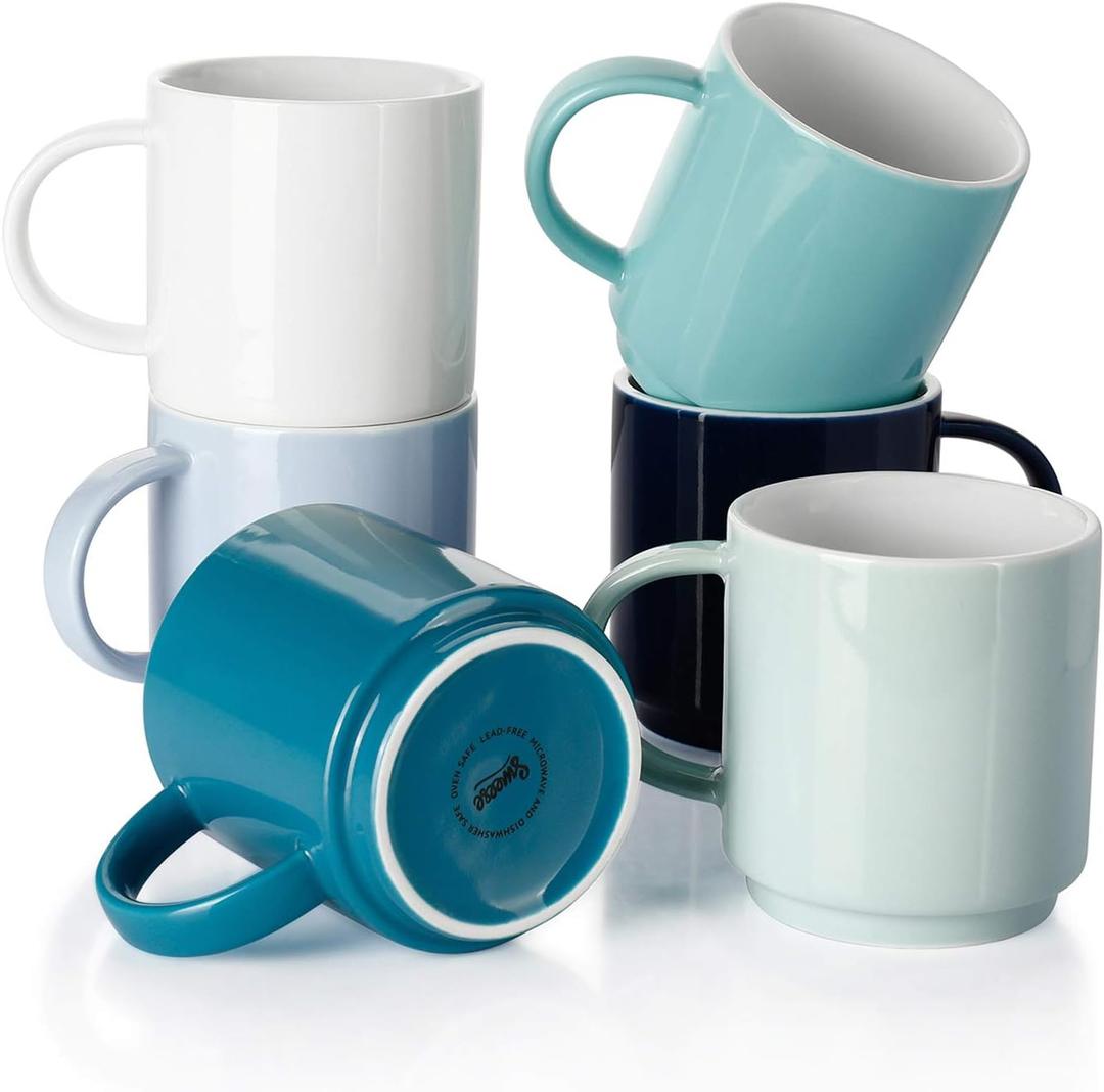 Sweese Stackable Coffee Mugs - 10 Oz Porcelain Cups for Specialty Coffee Drinks, Cappuccino, Cafe Mocha, Latte and tea, Set of 6, Cool Assorted Colors (Multicolor)