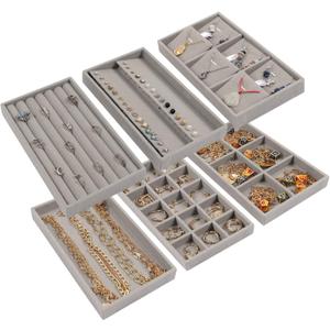 STYLIFING 6 Pack Jewelry Organizer Trays, Velvet Jewelry Tray Stackable Jewelry Display Case for Dresser Drawer Insert, Ring Earing Necklace Bracelet Holder