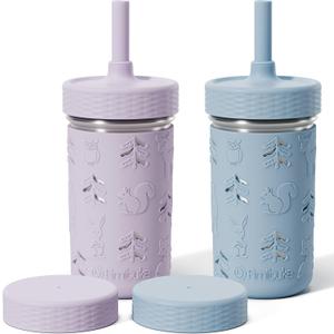 Fimibuke Toddler Cups Spill Proof, 12 OZ Sippy Cups for Kid Girl Boy, Stainless Steel Tumbler with Lid, Removable Silicone Straw & Sleeve, BPA Free Dishwasher Safe Water Bottle Snack Container 2 Pack