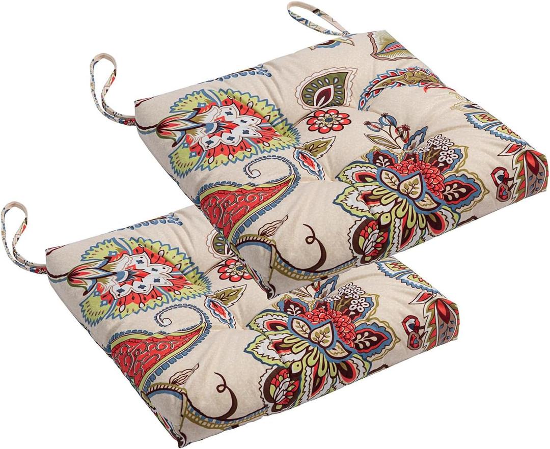 2-Pack Outdoor/Indoor Wicker Patio Seat Cushion Pad with Ties - Dining Chair Cushion, 17" x 17" (Khaki Floral)