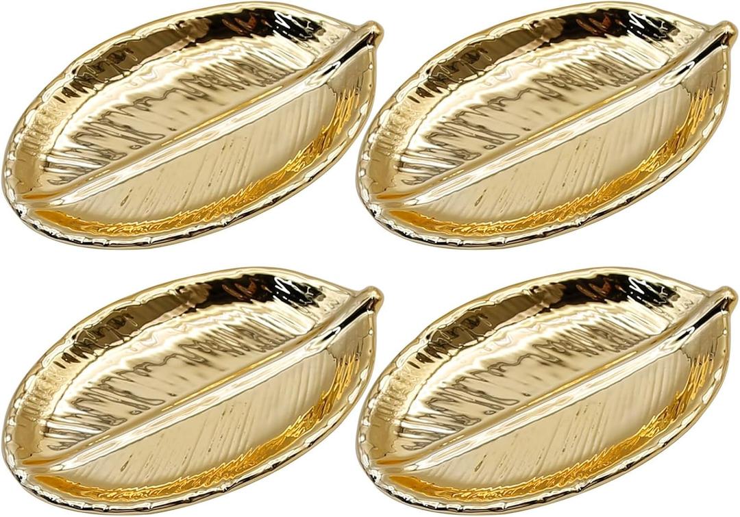 4 Pieces Golden Leaf Jewelry Tray Earring Necklace Bracelet Keys Storage Dish Ceramic Clay Decorative Trays